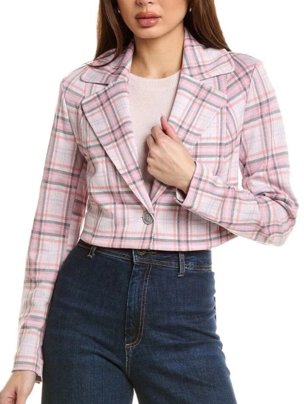 CAbi Playdate Pink Plaid Cropped Single Button Jacket Blazer Medium Y2K Preppy